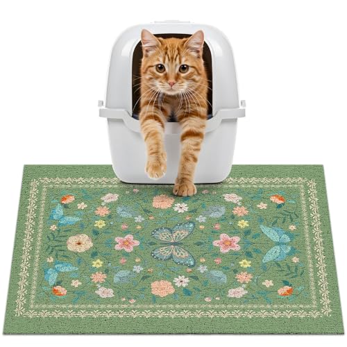 24x15 inches Cat Litter Mat Non-Slip Bottom Litter Box Mat Urine-Proof Soft Litter Mat for Cats Waterproof Pads Protects Floors Cat Mat for Litter Box - color: Dark spring green, size: 24X15in