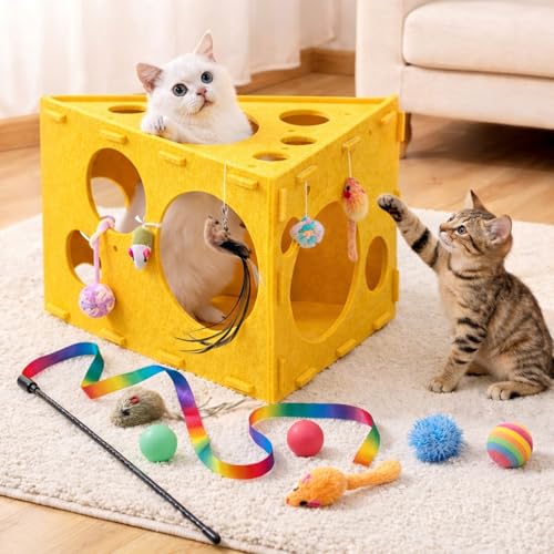 Cat House with 32 Toys, Cheese Cats Cave Hideout with Interactive Holes, Foldable Pet Activity Center, Playhouse Bed with Wand & Balls for Indoor Kitten