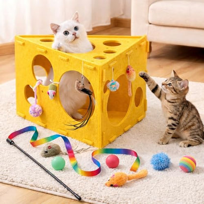 Cat House with 32 Toys, Cheese Cats Cave Hideout with Interactive Holes, Foldable Pet Activity Center, Playhouse Bed with Wand & Balls for Indoor Kitten