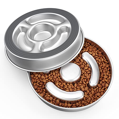 AIPERRO Stainless Steel Non Slip Slow Feeder Dog Bowl, 4 Cups Metal Dog Food Bowls for Medium and Large Dogs, Fun Bloat Stop Pet Bowl Dogs Water Bowl for Fast Eaters, Slows Down Pets Eating - size: 4 Cups/ 2.0" Deep (Max 6Cups)