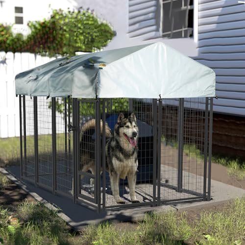 LEMBERI 8x4x4 Outside Dog Kennel with Roof for Large Dogs,Heavy Duty Welded Wire Steel Dog Playpen Fence with Secure Lock, Pet Pen with UV-Resistant Waterproof Cover (93.1''L x 50.4''W x 56.6''H) - size: 93.0"L x 50.4"W x 56.6"H