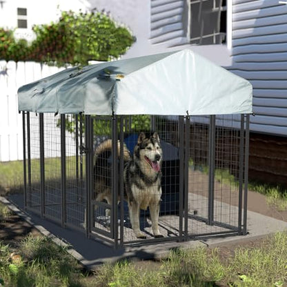 LEMBERI 8x4x4 Outside Dog Kennel with Roof for Large Dogs,Heavy Duty Welded Wire Steel Dog Playpen Fence with Secure Lock, Pet Pen with UV-Resistant Waterproof Cover (93.1''L x 50.4''W x 56.6''H) - size: 93.0"L x 50.4"W x 56.6"H