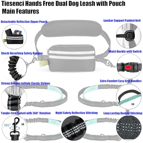 Hands Free Dog Leash Waist & Crossbody for Walking, No Pull Heavy Duty Bungee Double Dog Leash for Two Dogs with Pouch, Padded Handles & Reflective for Large Medium Dogs, Black - size: 2 Leashes