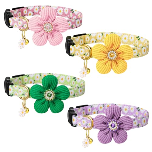 4 Pack Breakaway Cat Collars with Bells Flower Pendants Adjustable Floral Cat Collars with Bowtie Safety Kitten Collar for Girl Boy Cats