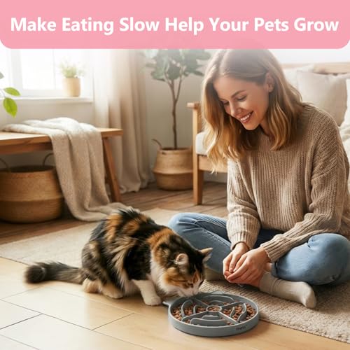 YINEYA 2 Pcs Silicone Slow Feeder Cat Bowl, Cat Slow Feeder for Food Training, Interactive Puzzle Bowls for Puppy, Kitten Dishes to Prevent Overeating, Treat Toys Suitable for Dry and Wet Food - color: Pink & Grey