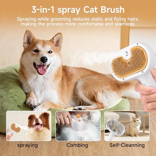 Pet Steam Brush for Dog & Cat – 3-in-1 Spray Hair Removal Comb for Shedding & Grooming, Softens Fur & Reduces Static – Water Brush for Long & Short Coats, Bath-Hating Pets, Includes Waterless Shampoo - size: 7.8"-240ML