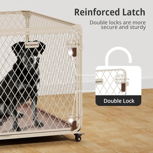 42 Inch Dog Crate with Lockable Wheel, Diamond Mesh Metal Dog Kennel Cage with Double Secure Latch & Leak-Proof Tray, Escape-Proof Dog Crates for Large Dogs Breeds, Dogs up to 200 lbs - size: 43.2"L x 29.1"W x 29.4"H