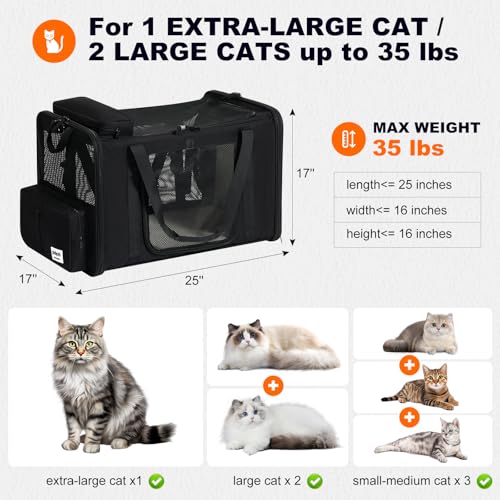 pidipiti 25''(L) x 17''(W) x 17''(H) Extra-Large Expandable cat Carrier for Long Distance car Travel,for 1 Extra-Large cat / 2 Large Cats / 3 Small-Medium Cats up to 35 lbs(Black) - size: Extra-Large(expandable)