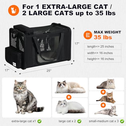 pidipiti 25''(L) x 17''(W) x 17''(H) Extra-Large Expandable cat Carrier for Long Distance car Travel,for 1 Extra-Large cat / 2 Large Cats / 3 Small-Medium Cats up to 35 lbs(Black) - size: Extra-Large(expandable)