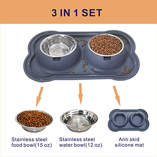 Stainless Steel Dog Bowls with Silicone Mat, Non-Skid Pet Feeder, No-Spill Design, Rust-Resistant Cat Dishes, Easy to Clean, Grey