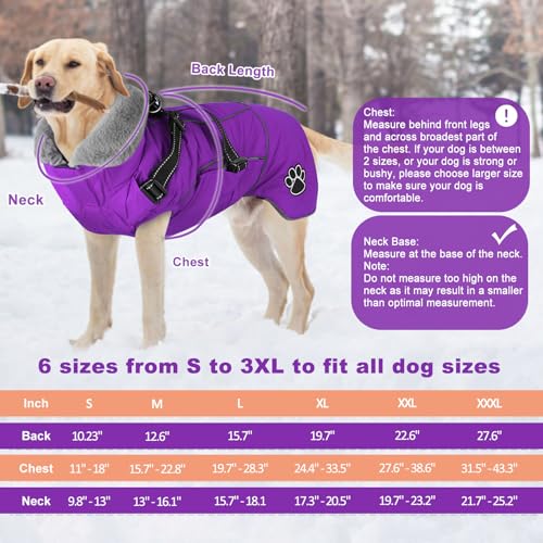Dog Jacket Waterproof Dog Coat with Harness Built in, Christmas Puppy Winter Coat Reflective Turtleneck Puffer Snow Jackets for Small Medium Large Dogs - color: Purple, size: Large
