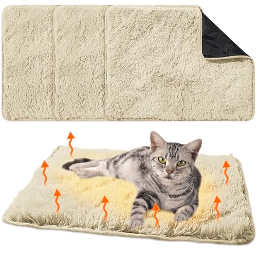 Drydiet 4 Pack Self Warming Cat Pad Self Heating Cat Mat Thick Faux Fur Plush Pet Bed Thermal Washable Dog Mat Anti Slip Bottom for Outdoor Indoor Pets(Camel,16" X 20")