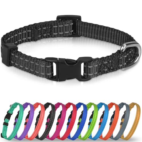 Joytale Puppy Collar, Feather-Light Double-Sided Reflective Nylon Collar for Night Safety, Adjustable Quick-Release for Extra Small Dogs, Black, XS (3/8" Width) - color: Black, size: XS: Width 3/8", Neck 8-12"