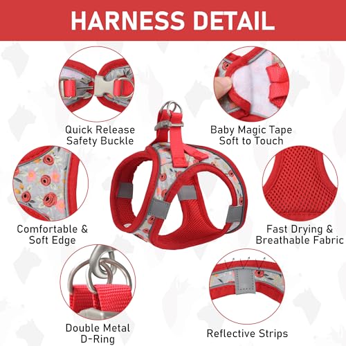 Small Dog Harness Collar and Leash Set, Step in No Chock No Pull Soft Mesh Adjustable Dog Vest Harnesses Plaid Reflective for Dogs Puppy Cats Kitten Rabbit (Red Flower, XXS) - color: Red Flower, size: XXS