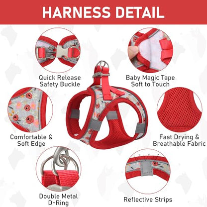 Small Dog Harness Collar and Leash Set, Step in No Chock No Pull Soft Mesh Adjustable Dog Vest Harnesses Plaid Reflective for Dogs Puppy Cats Kitten Rabbit (Red Flower, XS) - color: Red Flower, size: XS