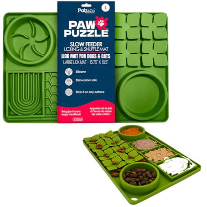 Palz&Co Paw Puzzle 2-in-1 Slow Feeder & Lick Mat - Large 15.75"x10.5" Green Non-Slip Silicone Mat for Dogs & Cats, Dry or Wet Food, Enrichment Puzzle Feeder, Dishwasher Safe - size: Large