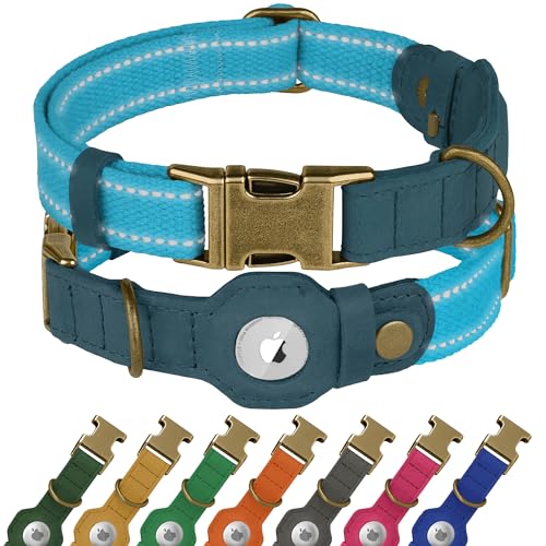Reflective Leather Dog Collar with AirTag Holder - Soft Apple Airtag Dog Collar with Metal Buckle - Safety Cotton Pet Collars for Dogs Small Large Dogs Puppy (Sky Blue, M, 14"-18") - color: Sky Blue, size: M, 14"-18"