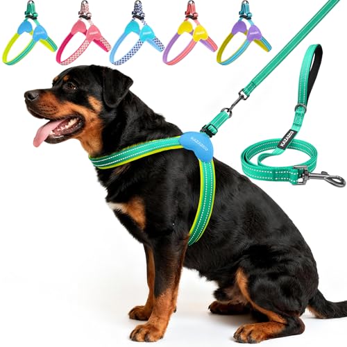 Kazazoo No Pull Small Dog Harness and Leash Set, Adjustable Puppy Soft Vest Harness with Breathable Mesh Padded, Reflective Lightweight Harness with Buckle for Medium Large Dogs, Green L - color: Green, size: L