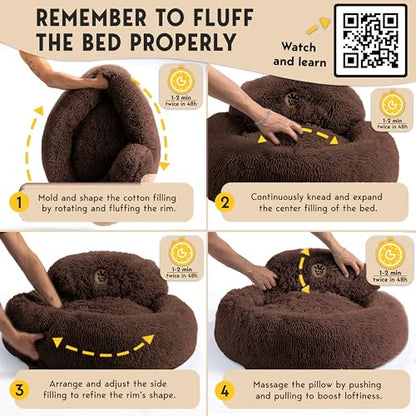 PetJett Calming Dog Bed Medium Size Dog - 30'' Donut Bed, Anti-Slip & Washable Super Soft Fluffy Plush Round Bed, Anti-Anxiety Premium Comfort Pet Bed, Fits Dogs up to 45 lbs - Brown - color: Brown, size: Medium - 30”L x 30”W x 8”Th