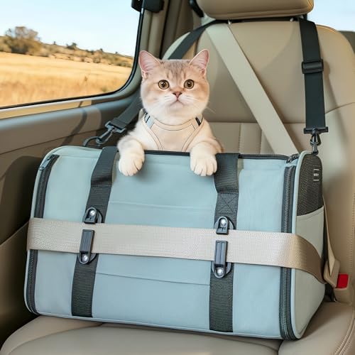 PETSFIT Large Cat Car Carrier with Patented Safety Buckles(19 x 12 x 12) – Roomy Escape-Proof for Safe Driving, Lockable Zippers & Safety Tether, Soft-Sided Travel Carrier for Road Trips & Vet Visits - color: Cyan blue, size: Large