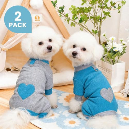 2 Pack Dog Pajamas Small Sized Dog Fleece Pajamas Cute Dogs Fleece Sweater Doggy Sweater Love Pattern Onesies for Pjs Small Dogs Clothes - color: Blue, size: X-small(suggest Length of Back 8.6'')