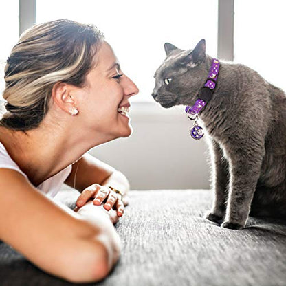 2Pcs Breakaway Cats Collars Cat Collars for Boy & Girl Cats Moons Adjustable Kitten Collars with Bell & Pendant Glow in The Dark,Purple+Black - color: Purple+Black, size: 7.0-10.7''