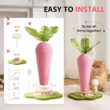 Cute Cat Scratching Post, Carrot Cat Scratcher Post with Durable Natural Wooden Turntable Toy and Catnip, 24'‘ H Carrot Shape Design Sisal Cat Tree Sisal Scratcher for Indoor Cats (Cloud Base) - color: Pink Carrot