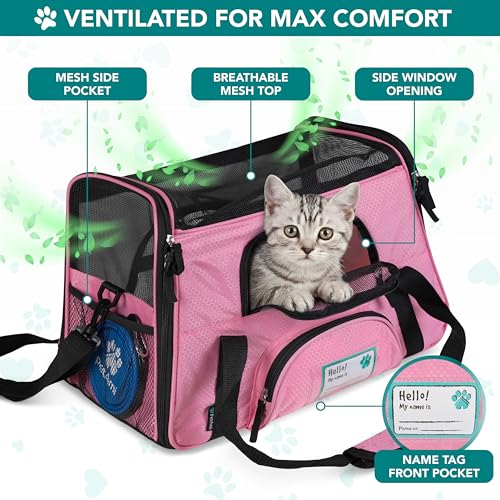 PetAmi Airline Approved Pet Carrier for Cats & Small Dogs, Soft Sided TSA Travel Carrier Bag with Sherpa Bed, Breathable Mesh Ventilation, Collapsible Bowl, Fits Under Seat, Up to 18 lbs, Large Pink - color: Pink, size: Large - 19.5"L x 10.2"W x 12"H