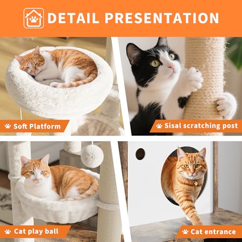 Cat Litter Box Enclosure with Tree Tower and Condo, Hidden Pet Washroom Furniture with Sisal Scratching Post,Hammocks and Soft Plush Perch, Wooden Cat Furniture with Multiple Platforms,Rustic Brown - color: Rustic Brown