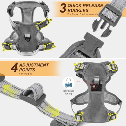 BEAUTYZOO No Pull Dog Harness Large, Adjustable Dog Harness and Leash Set -Easy Wearing with 3 Buckles/Control Handle,No Choke Soft Padded Reflective Pet Vest for Training Walking Hiking,Grey S - color: Solid Grey, size: S: chest 14"-24"