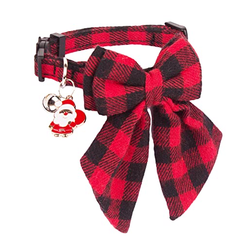 ADOGGYGO Christmas Cat Collars Breakaway with Bowtie, 2 Pack Red Green Plaid Xmas Kitten Collar with Removable Bow Bell Christmas Collar for Cats Kittens - color: Red&Green-2