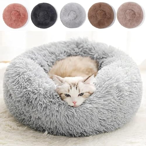 Fluffy Calming Cat Beds for Indoor Cats - Washable Round Dog Beds for Small Medium Dogs, Anti Anxiety Plush Faux Fur Pet Bed - color: Light Grey, size: Medium