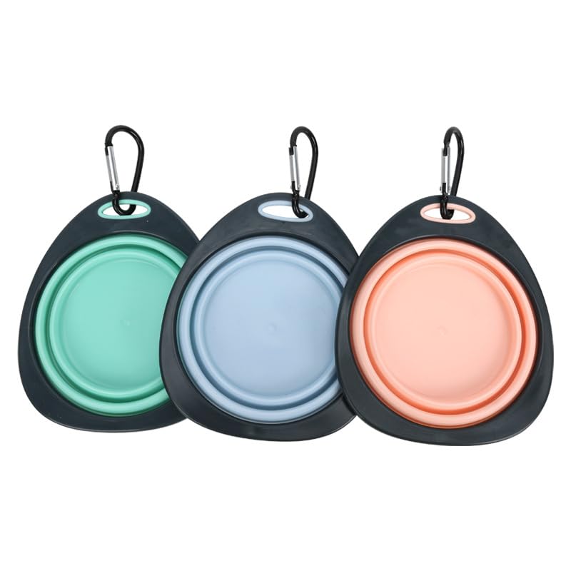 3 Piece Collapsible Pet Bowl Set with Carabiners 10.8oz Portable Foldable Feeding Water Bowls for Dogs Cats,Ideal for Outdoor Travel Walking Hiking（Pink Blue Green）