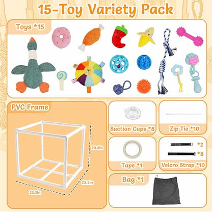 Puppy Play Gym with 15 Teething Toys, Indoor Jungle Gym with Puppy Toys to Keep Them Busy for Mental Stimulation, 23.2" Small Dog Play PVC Frame with Straps and Storage Bag