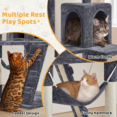 Yaheetech Cat Tree | 54-Inch Multi-Level Cat Tower | with 3 Scratching Posts, Plush Condo, Top Perch, Hammock & Climbing Ladder | Play House | for Indoor Cats | Dark Gray - color: Dark Gray