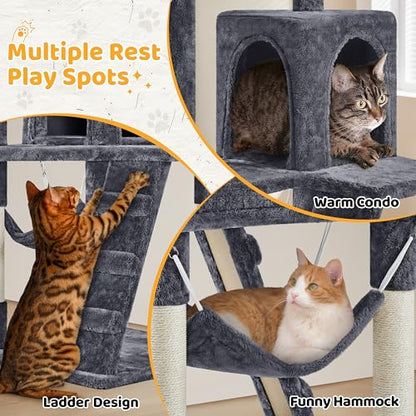 Yaheetech Cat Tree | 54-Inch Multi-Level Cat Tower | with 3 Scratching Posts, Plush Condo, Top Perch, Hammock & Climbing Ladder | Play House | for Indoor Cats | Dark Gray - color: Dark Gray