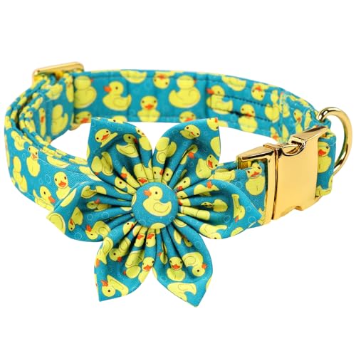Maca Bates Flower Green Duck Dog Collar with Flowers for Dogs Green Flower Adjustable Breakaway Cute Collars Accessories Gift for Small Medium Large XL Puppy with Golden Metal Buckle - color: Summer-Flower Bow-Duck, size: XL