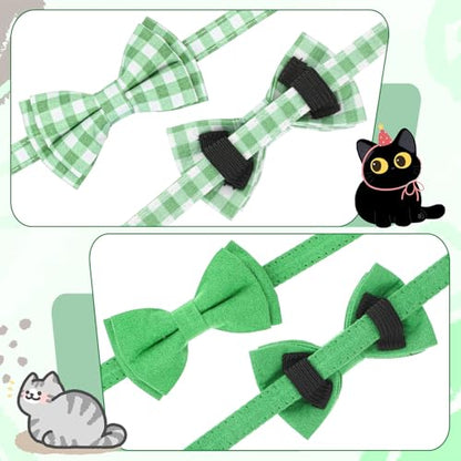 2 Pcs Green Cat Bow Tie, Cat Collar with Bow Tie Breakaway, Catsbowtie Collar with Bell, Soft Adjustable Color Plaid Pet Collars (Green) - color: Green