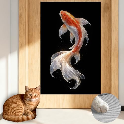 Cat Wall Scratcher 15.3x23.6 Inches Polyester Synthetic Fiber, Red & White Koi Fish Print, wall scratchers for Indoor Cats, cat Scratching mat, Home Decor, Entryway, Office (2pcs) - color: TT21436-2pcs