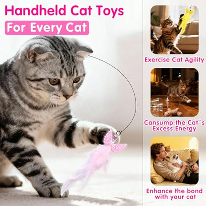 Walfront Interactive Cat Toy Wand — Yellow & Pink Wing Tassel Teaser with Replaceable Natural Heads, Flexible Steel Rod, Indoor Cat Toy for Multi-Cat Homes, Kittens & Adult Cats, Play & Stress Relief