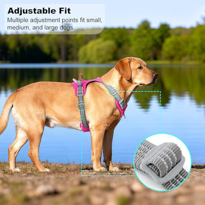 No Pull Dog Harness – Adjustable Reflective Nylon Vest for Small Medium Large Dogs, Escape Proof Training Harness with Leather Control Handle, Lightweight Aluminum Hardware (Hot Pink, L) - color: Hot Pink, size: L