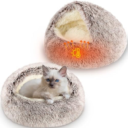 Cinnvoice 2 Pcs Self Warming Cat Beds with Hood, Self Heating Dog Cave Bed, Fluffy Round Covered Pet Pad, Plush Hooded Pet Beds with Non-Slip Bottom for Indoor Cat or Small Middle Dog(Coffee,20 in) - size: 20 In