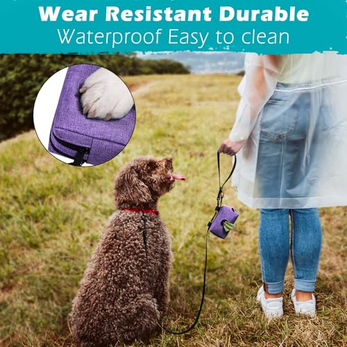 Dog Poop Bag Holder, Portable Pet Waste Bag Dispenser, 2 Pouches for Treats and Walking Accessories, Fit All Leashes, Includes 1 Roll of Dog Poop Bags (Purple) - color: Purple