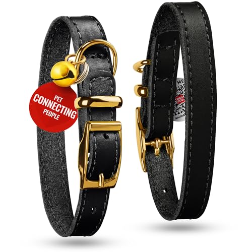 WAUDOG Leather Cat Collar with Removable Bell and QR ID Tag for Small, Medium and Large Breeds Adjustable Long Lasting Classic Kitten Collars Boy & Girl - color: Black, size: 8" - 12"