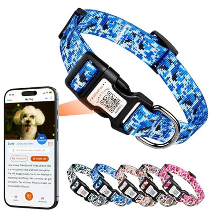 Reflective Dog Collar, Personalized Dog Collars with QR Code Buckle, Soft Nylon Pet Collar Adjustable for Small Dogs, Camo Blue S - color: Camo Blue, size: Small