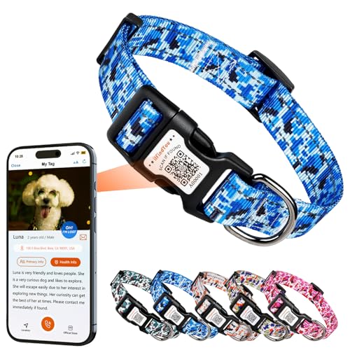 Reflective Dog Collar, Personalized Dog Collars with QR Code Buckle, Soft Nylon Pet Collar Adjustable for Large Dogs, Camo Blue L - color: Camo Blue, size: Large