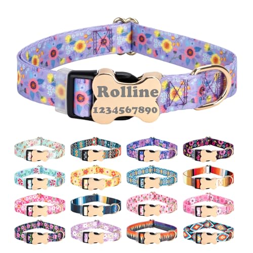 Personalized Custom Customized Silent No Jingle Dog Collar with Engraved ID Dog Name Phone Number/Dog Collars for Puppy X-Small Small Medium Large X-Large Boy Girl Dogs-New Purple Flower-XS - color: 7 New Purple Flower, size: X-Small (0.6" *7.8"-11.8")