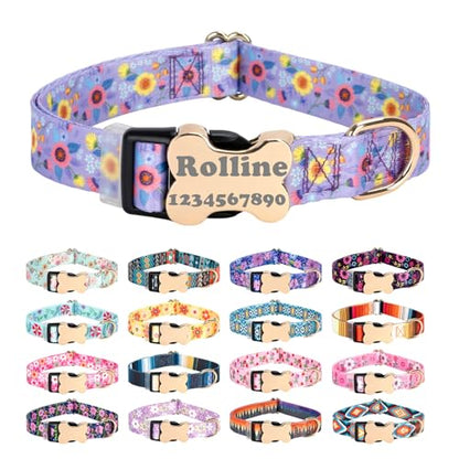 Personalized Custom Customized Silent No Jingle Dog Collar with Engraved ID Dog Name Phone Number/Dog Collars for Puppy X-Small Small Medium Large X-Large Boy Girl Dogs-New Purple Flower-XS - color: 7 New Purple Flower, size: X-Small (0.6" *7.8"-11.8")