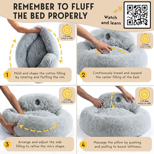 PetJett Dog Beds Large Sized Dog - 36'' Calming Round Bed, Washable Dog Bed - Anti-Slip Super Soft Donut Bed, Fluffy Faux Fur Anti-Anxiety Premium Comfort Pet Bed, Fits Dogs up to 80 lbs - Bright Grey - color: Bright Grey, size: Large - 36”L x 36”W x 8”Th