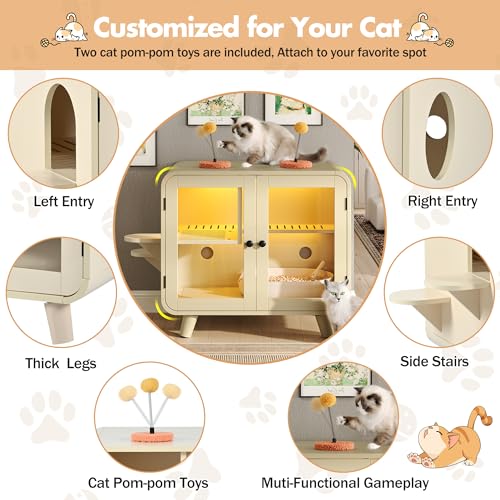 Merax Cat Hidden Litter Box Enclosure with RGB LED Light – Retro TV-Style Cat House Cabinet with Stairs, Pom-Pom Toys, Litter Leak Walkway & Glass Doors for Living Room,Beige - color: Beige